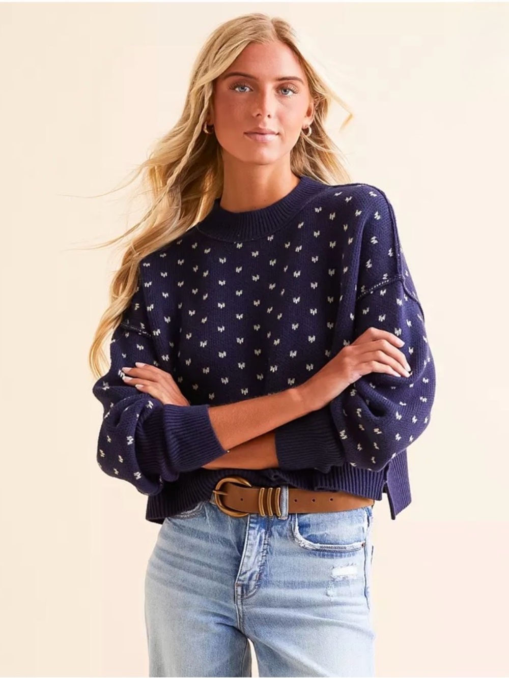 Free People Navy Crewneck Sweater with White Dot Motif